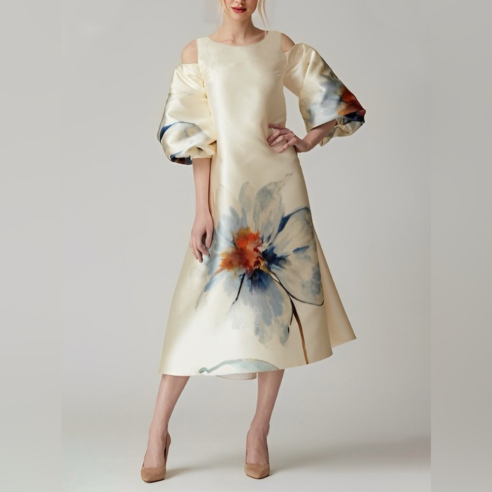 StyleWe Loose Elegant Floral Crew Neck Midi Dress With No Belt NWT Sz: L